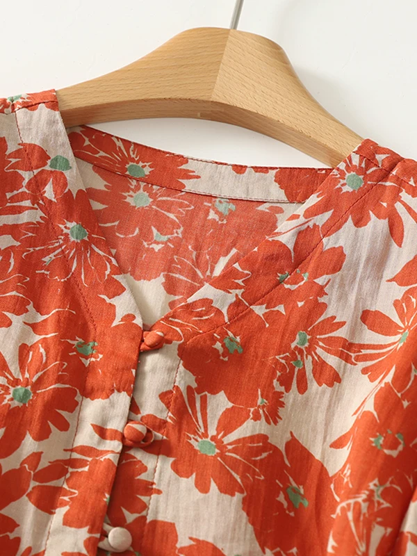 Casual V-Ne Printed irt Loose Fit Five-Quarter Sve Single Button Women's plus Size Summer Cardigan Artistic Holiday Sle