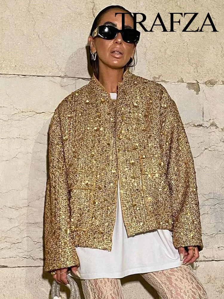 Trafza Frauen Mode glänzende Pailletten jacke y2k Gold Farbe Stehkragen Langarm Kurz mantel Herbst Winter Damen High Streetwear