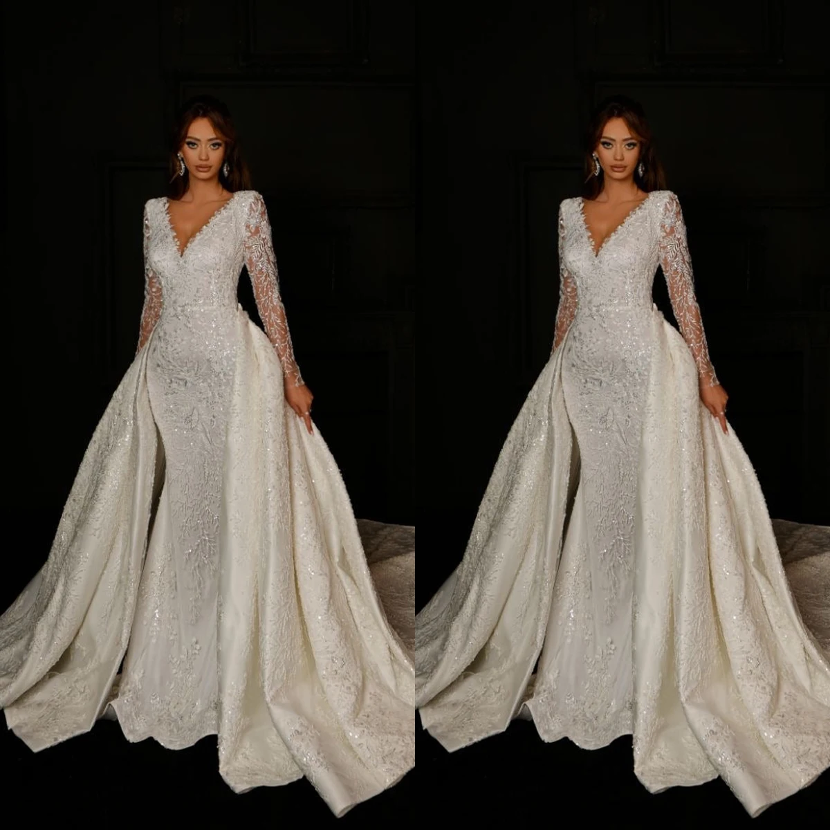 

Elegant Ball Gown Wedding Dresses Long Sleeves V Neck 3D Lace Appliques Ruffles Detachable Train Bridal Gowns Vestina De Novia