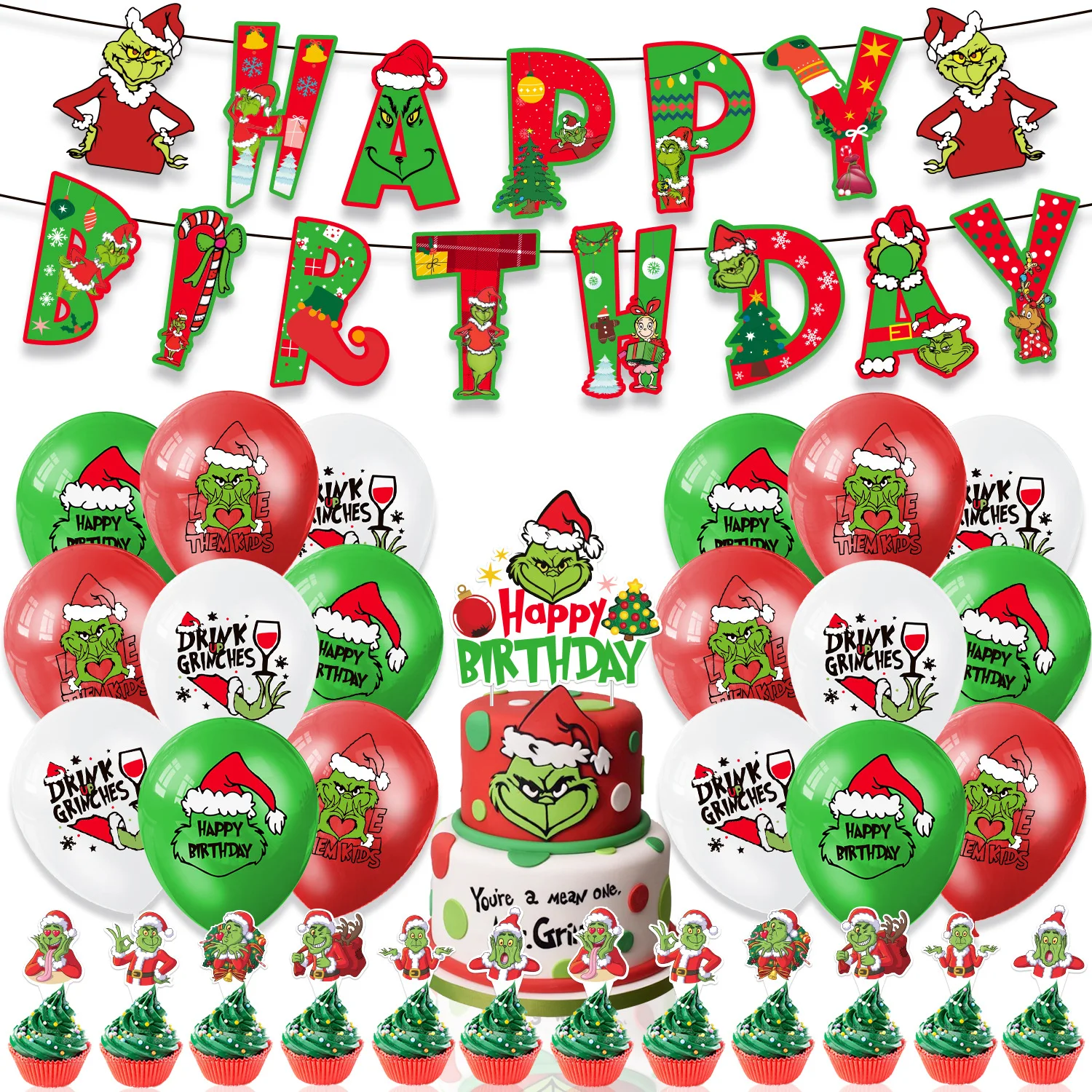 Grinch Christmas Birthday Party dinnerware Disposable Banner Cake Topper Hanging Flag Grinch Balloons Birthday Decoration set