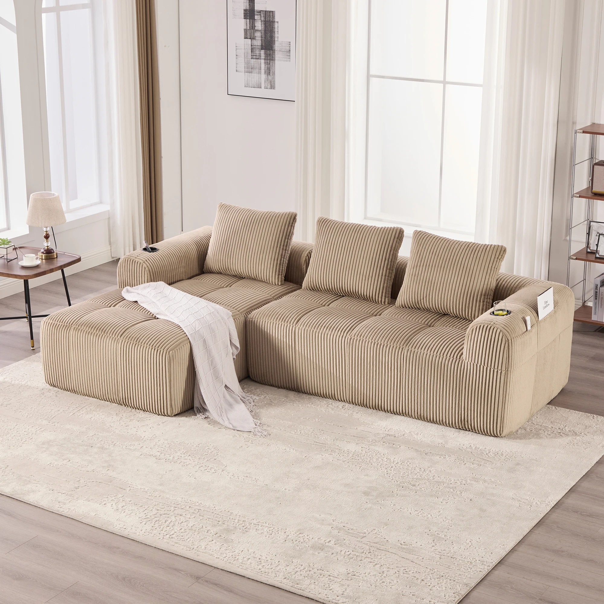 Sofá modular compacto con bolsillos laterales y portavasos--3 cojines, terciopelo acanalado color caqui