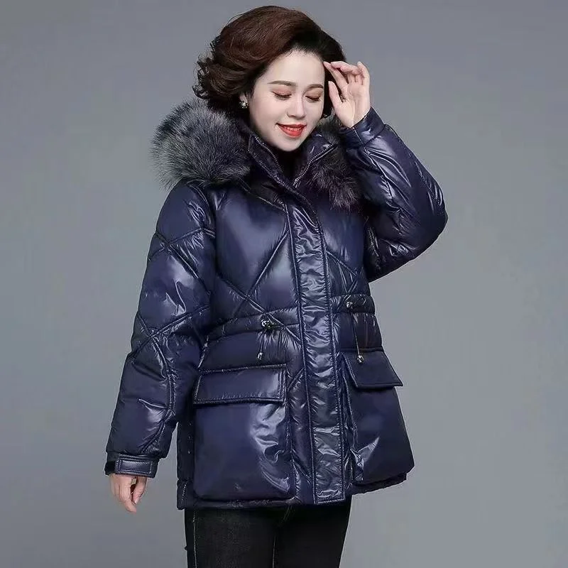 The Middle-aged And Elderly Women's Jacket With Big Fur Collar Down Cotton-padded Jacket Short Glossy Winter Coat Thickened Coat