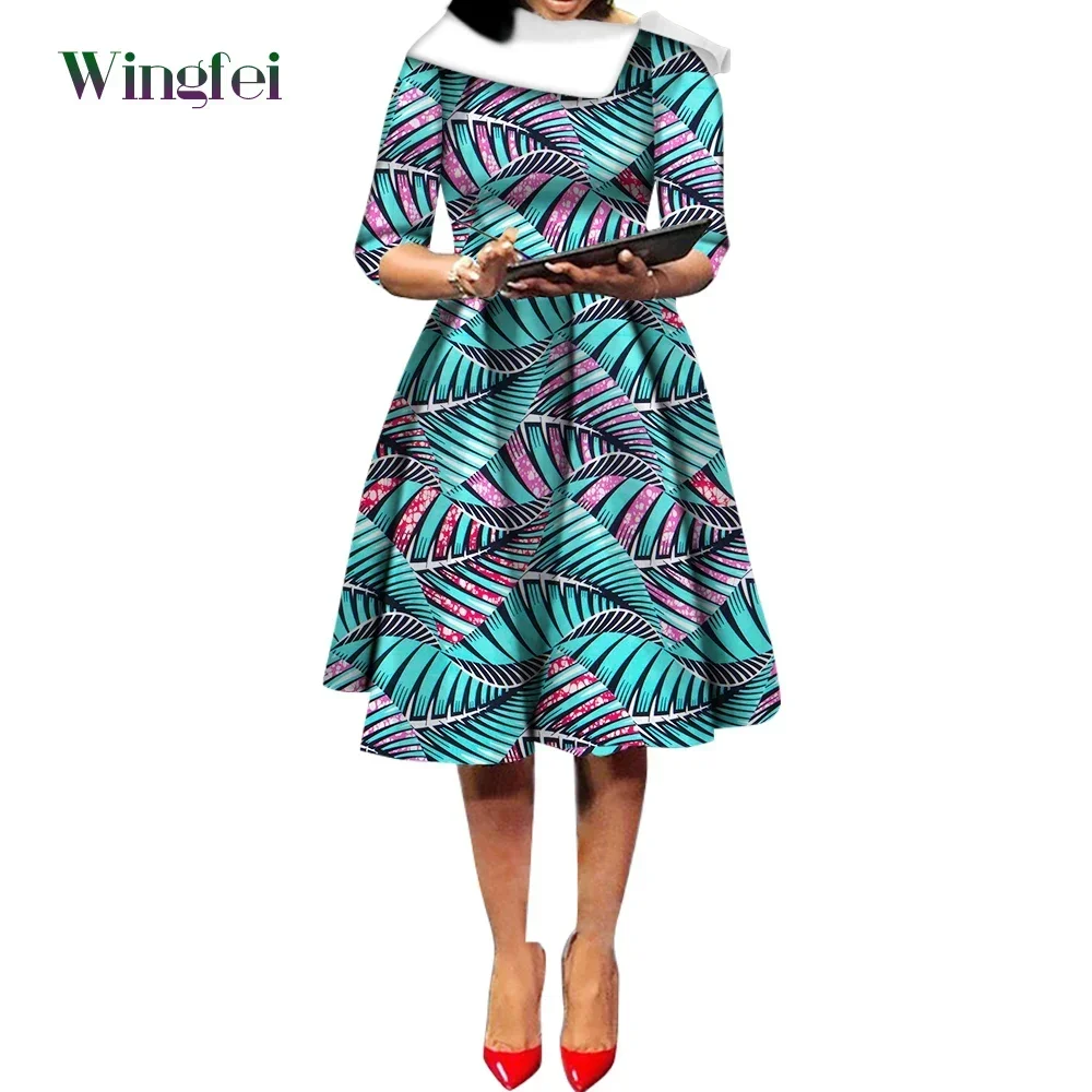 

Fashion Ankara Wax Print African Dresses for Women Turn Down Collar Dresses Party Dress Dashiki African Women Clothing WY5232