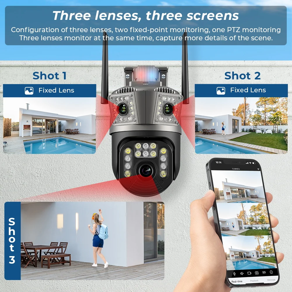 12MP 6K PTZ Wifi Camera Three Lens Three Screens Surveillance Camera With Police Light Alarm Night Vision Human Detection ICSEE