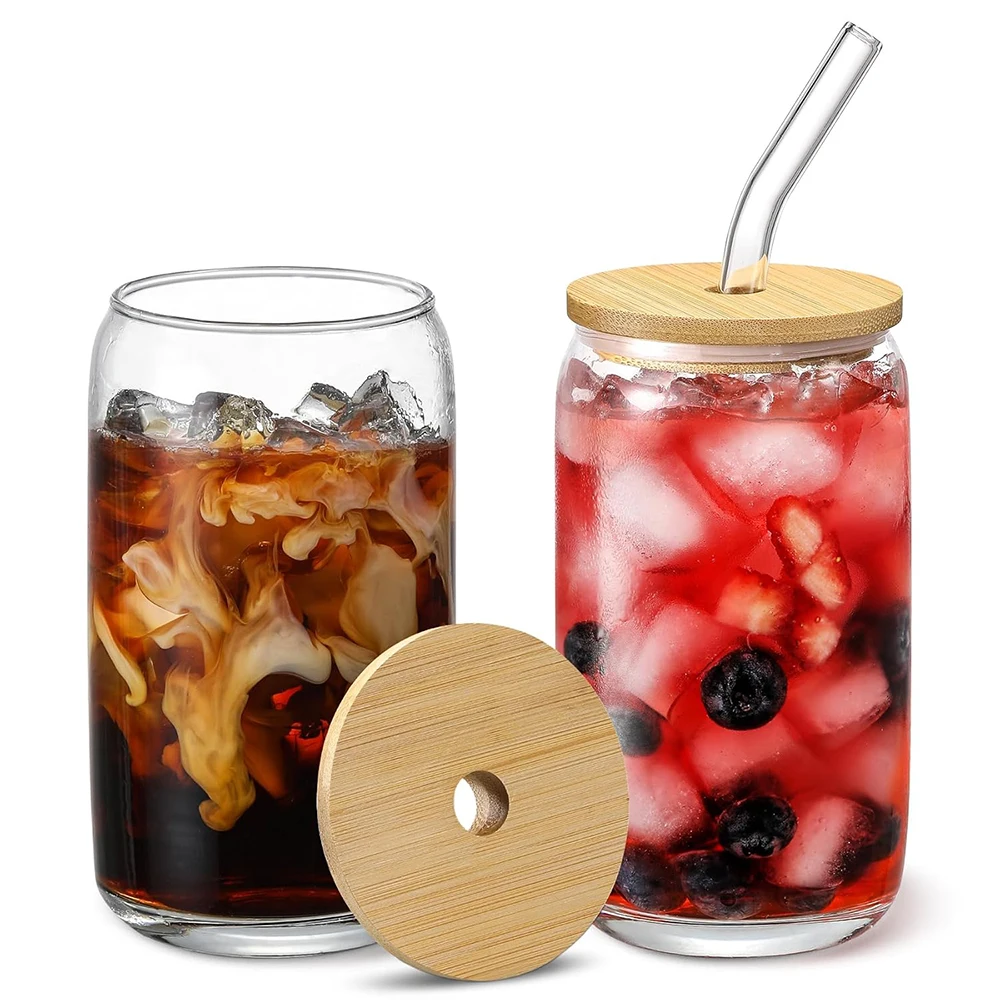 Glass Cups with Bamboo Lids and Glass Straw-Beer Shaped 16 oz Coffee Glasses,Tumbler Cup for Smoothie,Boba Tea,Whiskey,Water