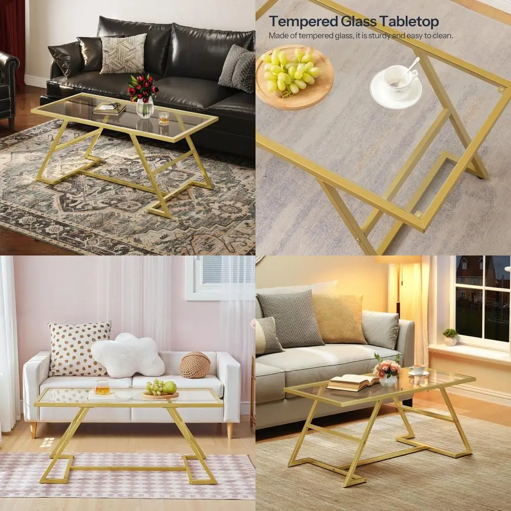 

Modern 2-Tier Gold Coffee Table with Clear Glass Top for Living Room and Home Office