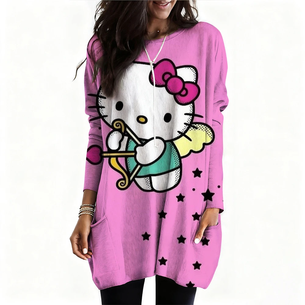 

Girl Women's T-shirt Casual Kawaii Hello Kitty Cartoon Pattern Print Tshirt Comfortable Casual Women's Clothing Black Top