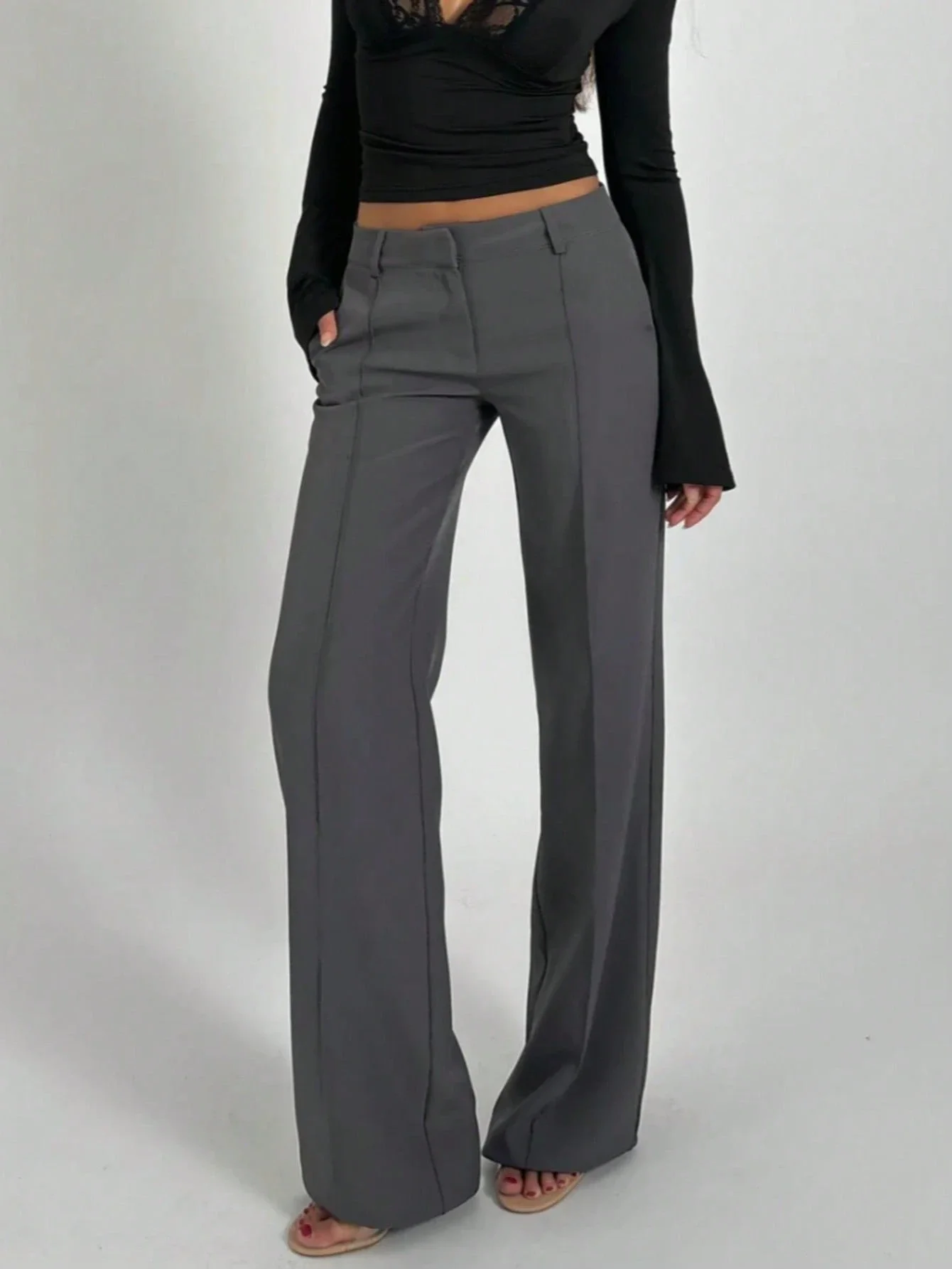 

Женские стильные повседневные серые брюки прямого кроя из легкого эластичного полиэстера для весны