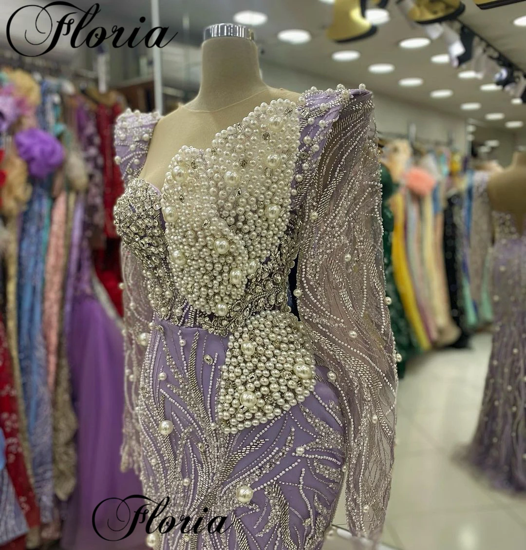 Vintage Long Sleeves Evening Dresses Mermaid Formal Occasion Dresses With Pearls Vestidos De Gala Crystals Celebrity Dresses
