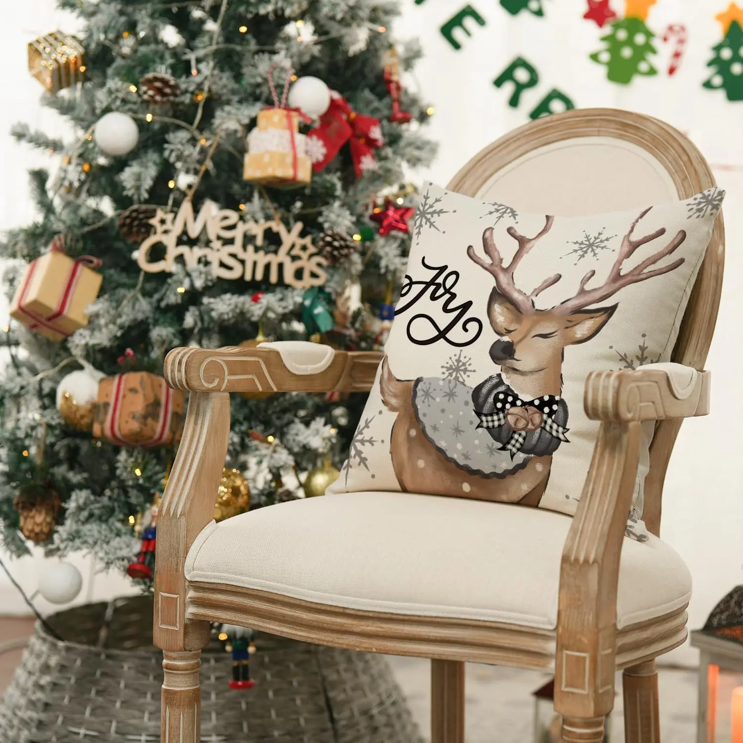 Christmas Snowman Reindeer Gloves Eucalyptus Throw Pillow Covers, Winter Holiday Stripes Cushion Case Decoration for Sofa Couch