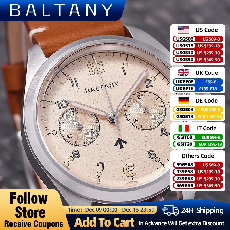 Baltany Military Watch VK64 39MM Stainless Steel Dial 5ATM Sapphire Retro  Quartz Multifunction  Chronograph Watches Men\'