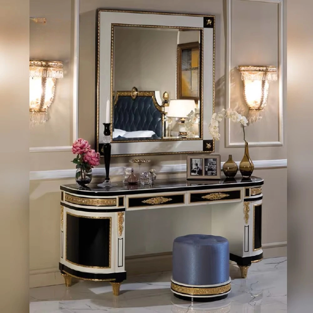 Modern French Style Bedroom Dressing Table with Solid Wood Carving and Gold Foil Finish Bathroom Vanity Furniture with Storage