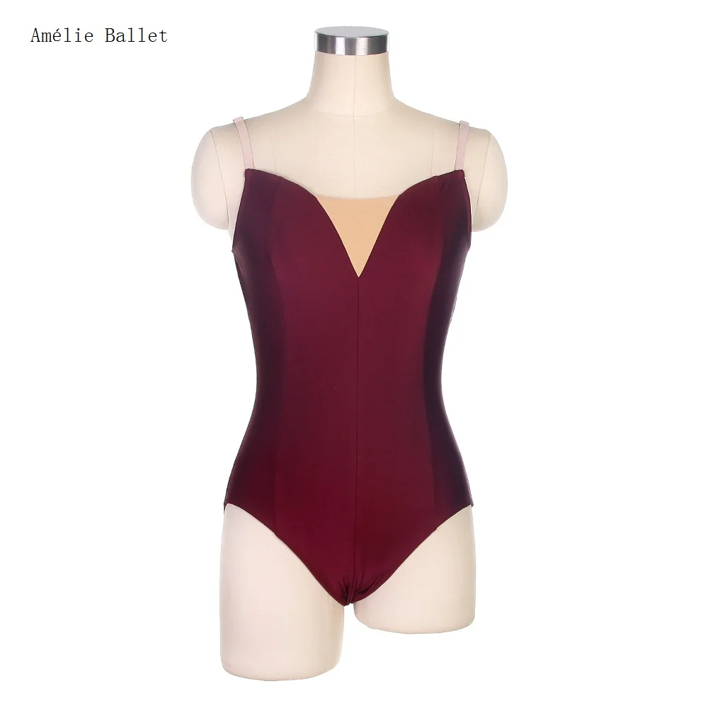 18579 Burgundy Spandex Ballet Dance Leotard with V Nude Insert Dancewear for Women Girls Bodywear Plain Leotards Nude Strap