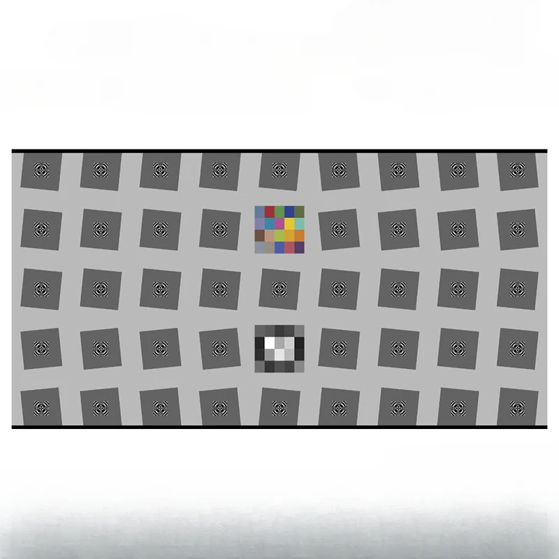 Standard test cards: MTF sharpness/resolution distortion, field of view, angle of view, noise, ISO sensitivity detection