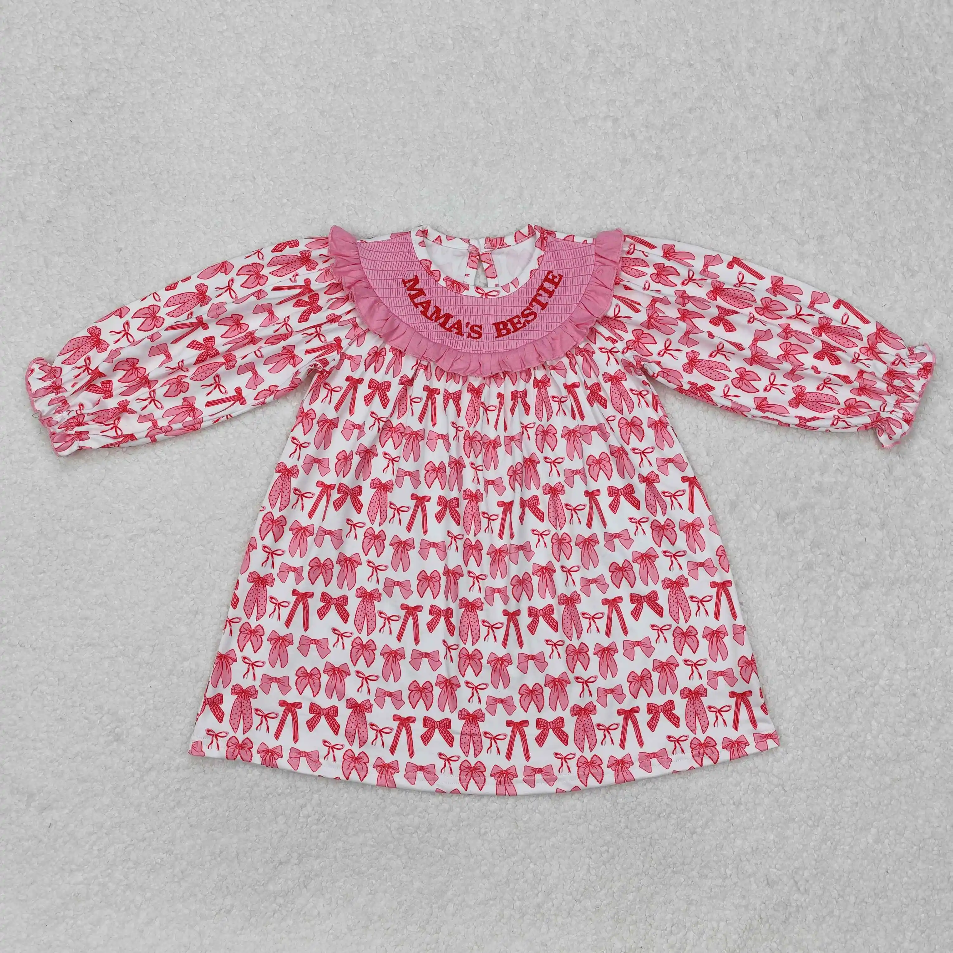 

New rts baby girls hot sale valentine's day long sleeve dress wholesale boutique embroidery mama's bestie bow pattern pink dress