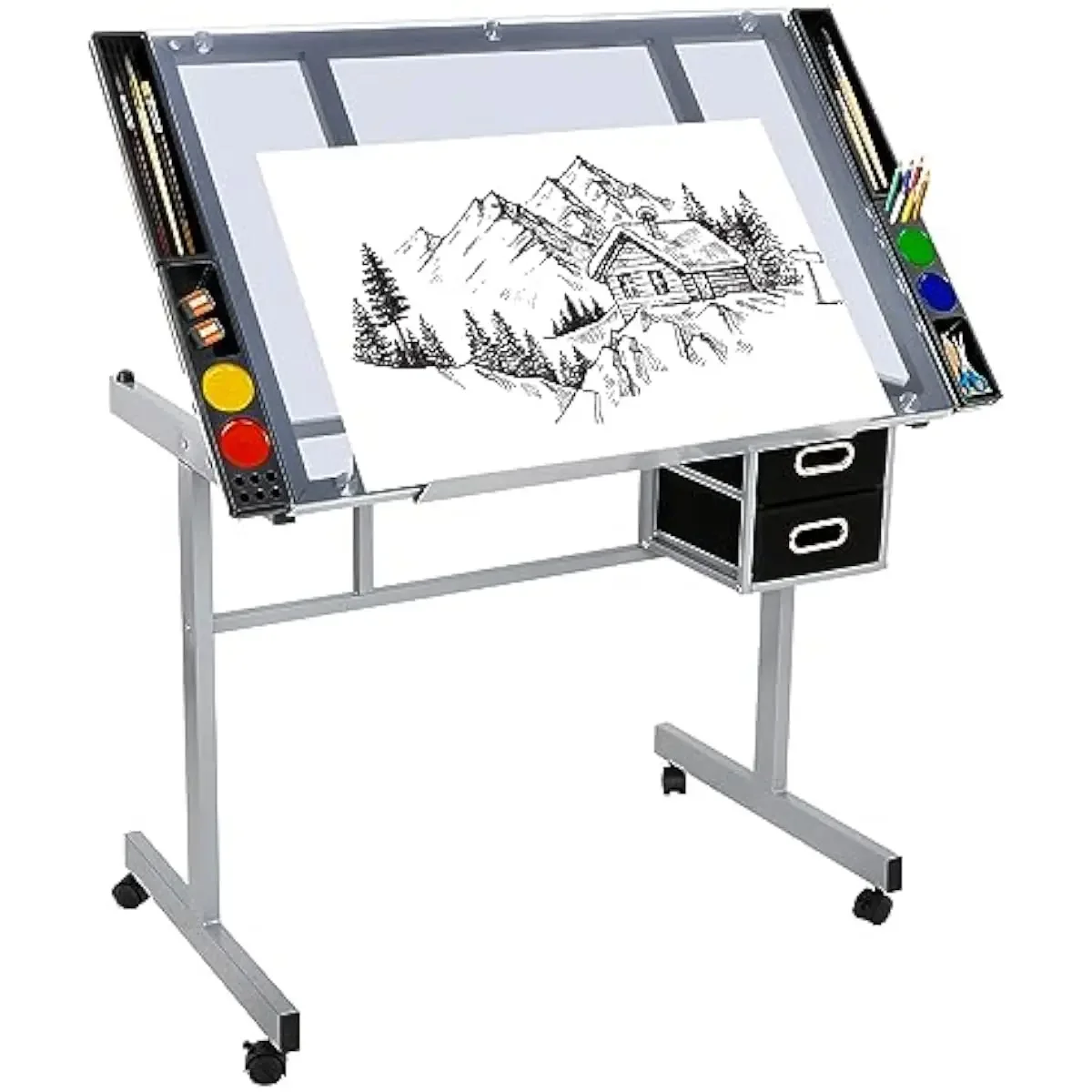 Adjustable Glass Drafting Desk with 0-60° Tilt Mechanism, Dual-Slot Tool Trays, Two Removable Non-Woven Drawers, Four 360° Swive
