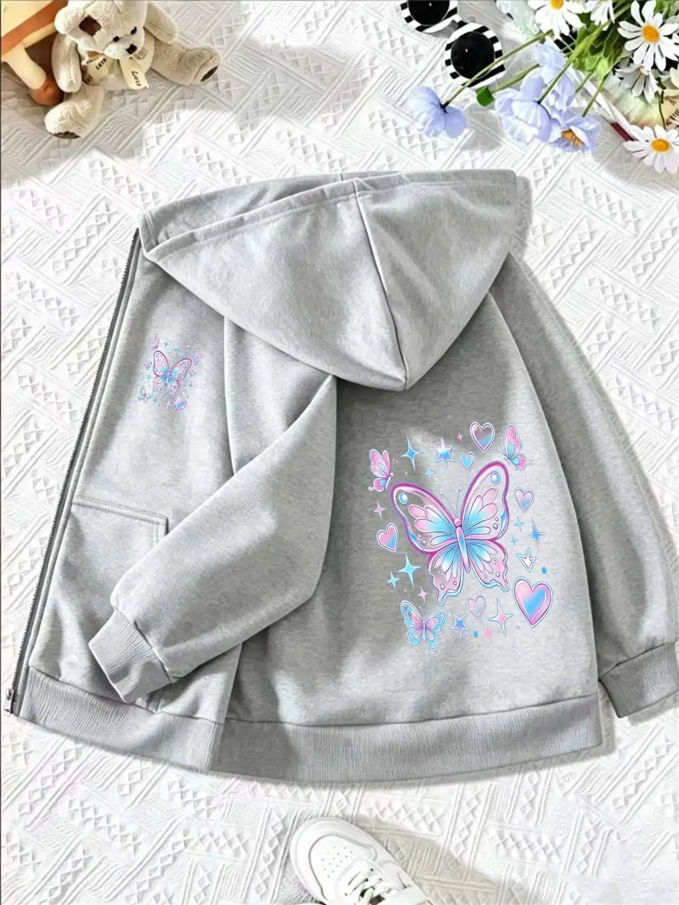 Red Zip Up Hoodie Side Mini Pastel Butterfly Heart Star Print Back Large Dreamy Blue Pink Butterfly Graphic Casual Sweatshirt
