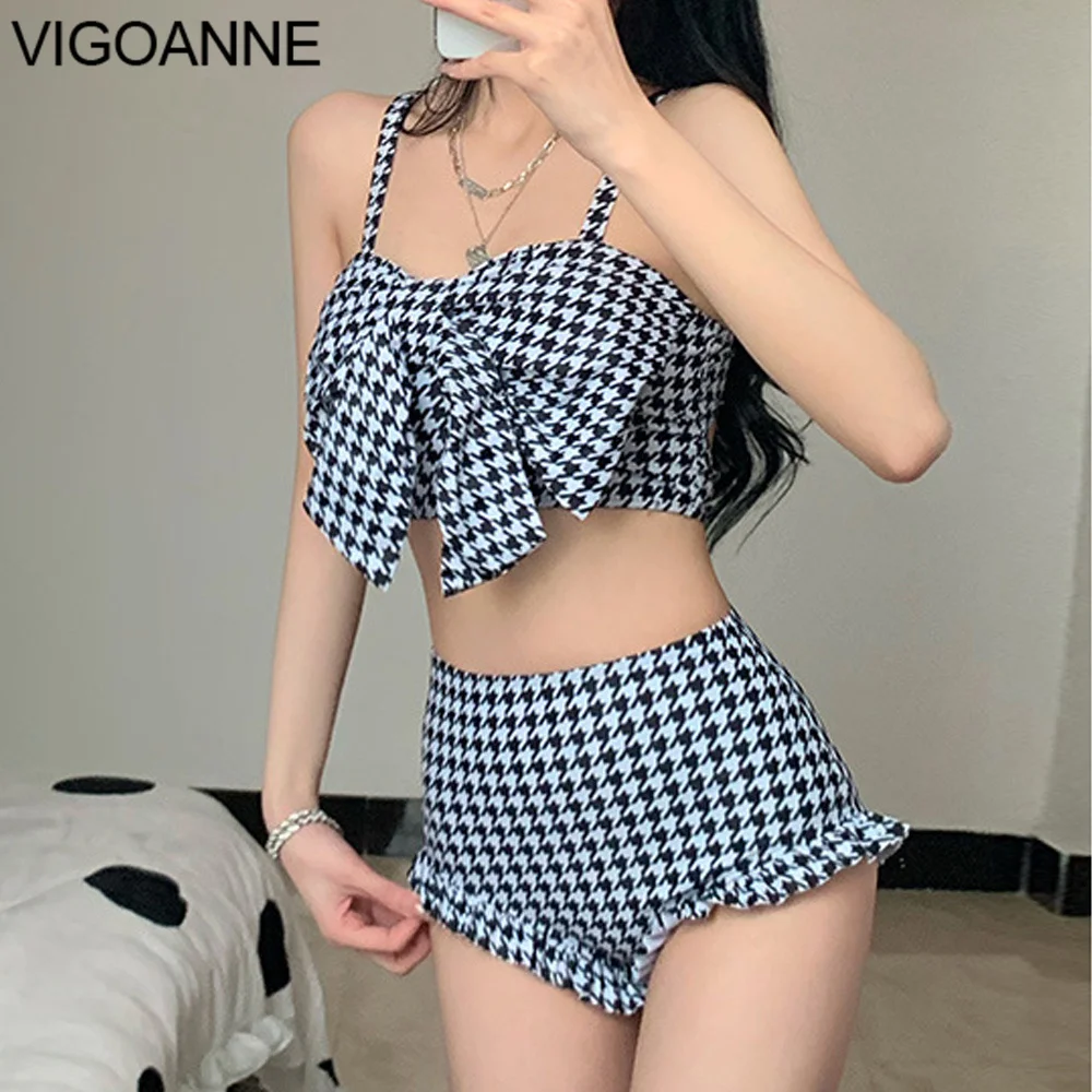 VigoAnne 2024 Print Strapped Swimwear Women Sexy Bow Push UP High Waist Bikini Set Korean Lolita Swimsuit Beach Bathing Suit