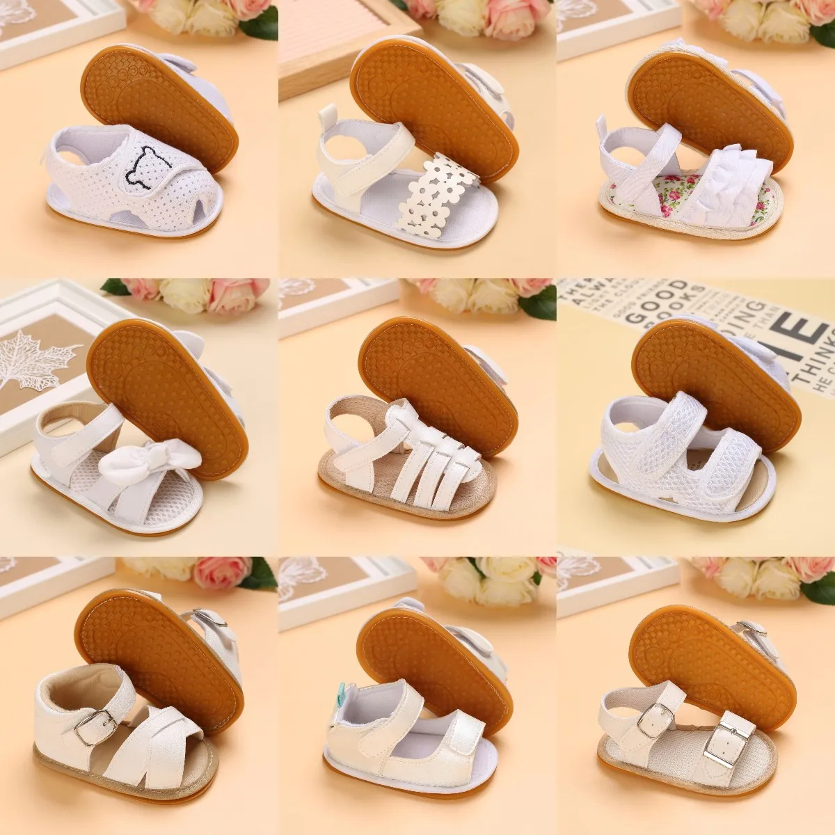 Newborn white series baby sandals soft soled anti-skid baby shoes baby girls' casual walking shoes