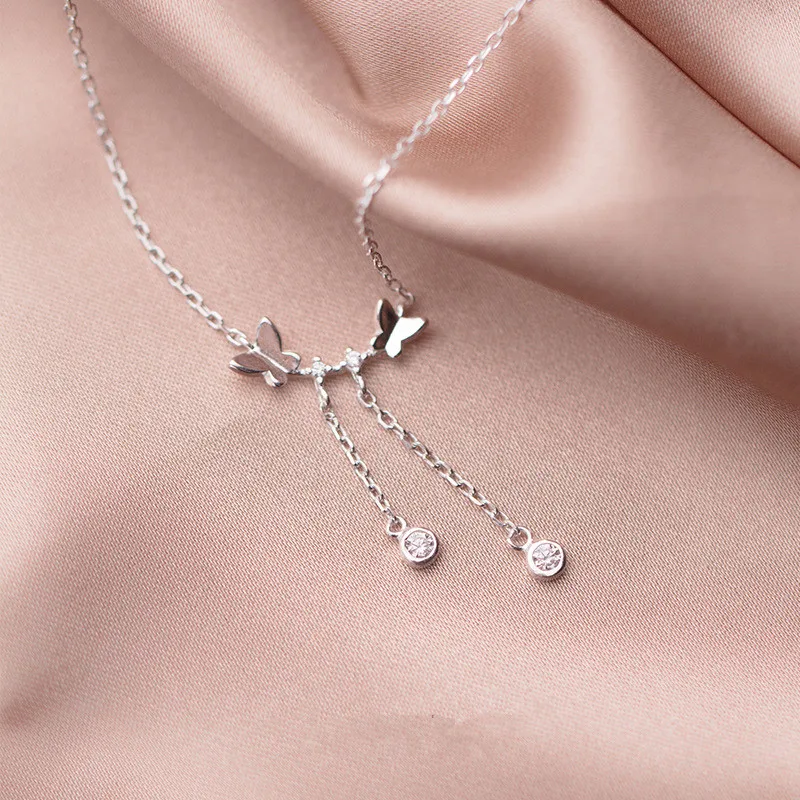 925 Silver Plated Tassel Chain Zircon Butterfly Charm Pendent Necklace For Women Girls Elegant Party Jewelry Gift Choker dz030