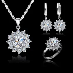 Fashion Sunflower Crystal Necklace Earrings Rings Jewelry Set For Women Girls Wedding Engagement Fashion Jewelry Wholesale