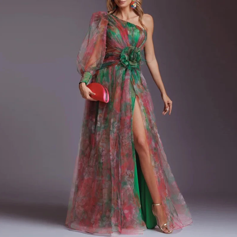 Spring Summer New Mesh Evening Dress Vintage Pattern Printed High Waisted Long Dress New One Shoulder Pleat Banquet Swing Dress