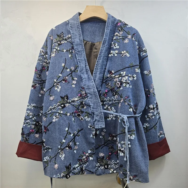 Fashion Sequins Embroidery Flowers Denim Jacket Blue Black Casual V-Neck Long Sleeve Lace-Up Contrast Color Cuffs Jeans Jackets
