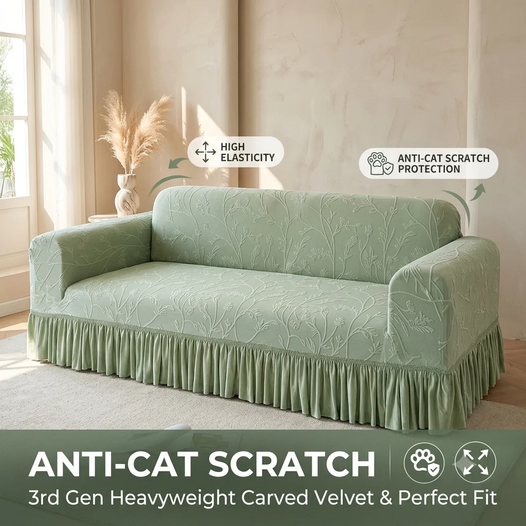 Thickened Carved Velvet Sofa Cover with Skirt Elegant Floral Jacquard Couch Cover Cat Scratch Resistant Dustproof Slipcover