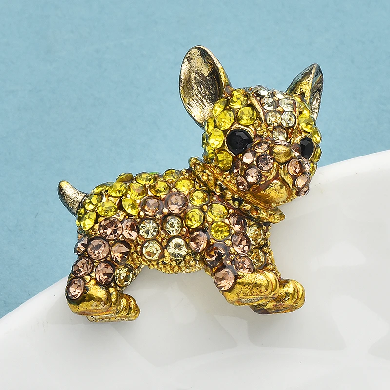 Wuli&baby Cute French Bulldog Brooches For Women Men Shining Rhinestone Dog Pet Animal Party Casual Brooch Pins Gifts