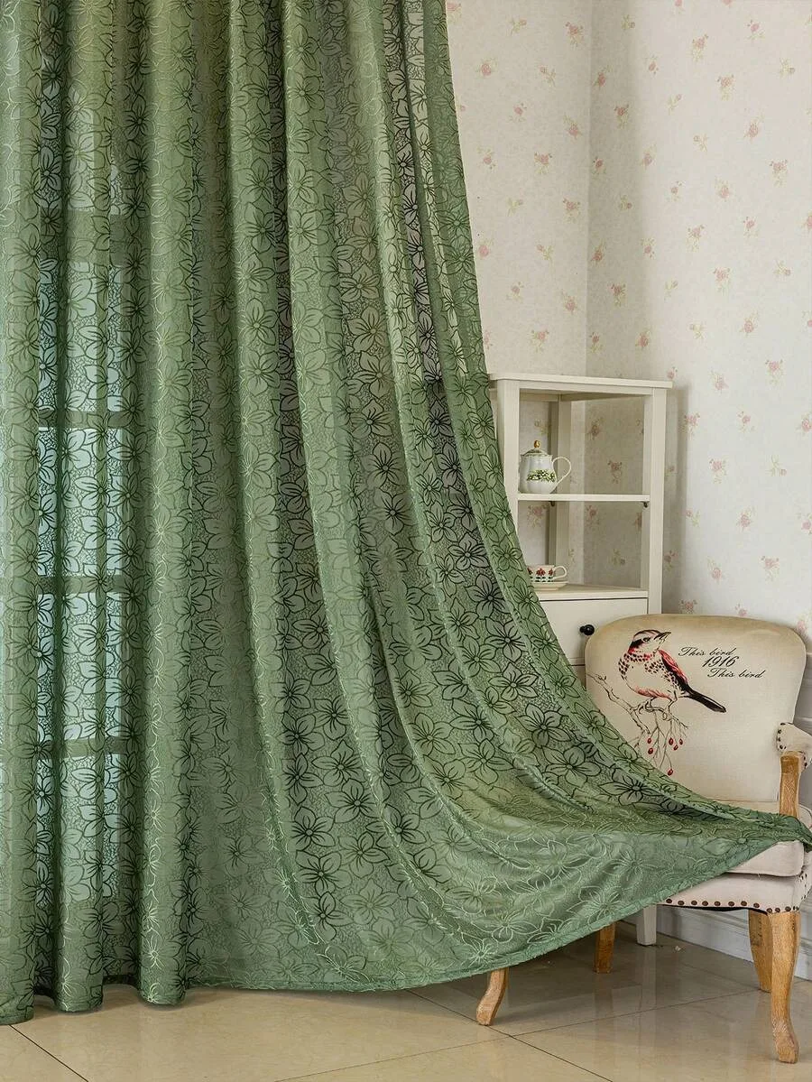 1pc European Style Flocked Sakura Pattern Curtain For Living Room, Bedroom, Balcony, Dining Room, Thickened Partition Curtain