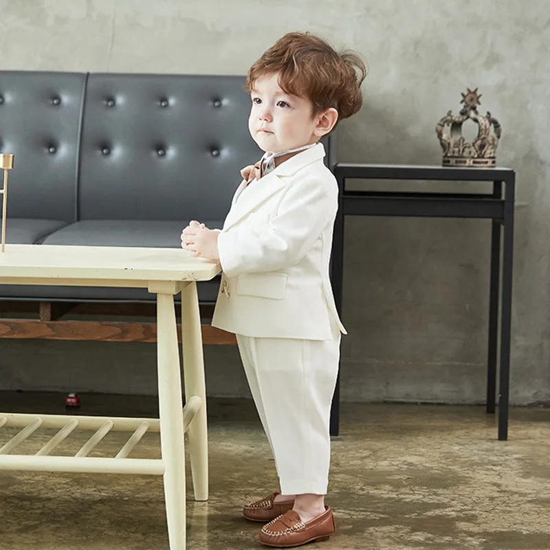 Gentleman Kids Summer White Photography Suit Children Jacket Pants Bowite 3PCS Performance Costume Baby Birthday Wedding Dress