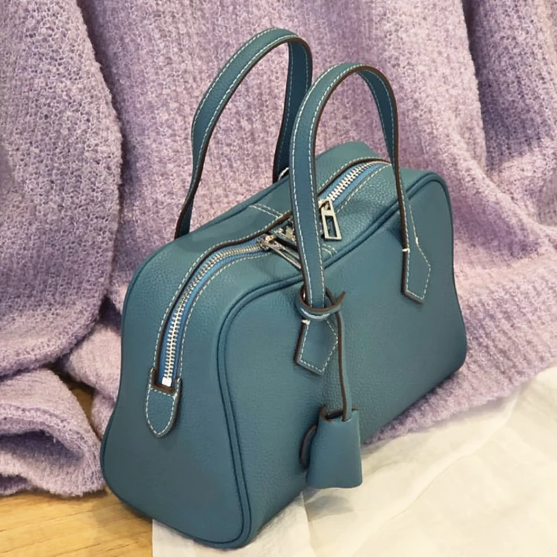 

Classic Genuine Leather Boston Bags For Women Luxury Designer Handbags Purses 2025 New In Natural Cowhide Lock Underarm Shoulder
