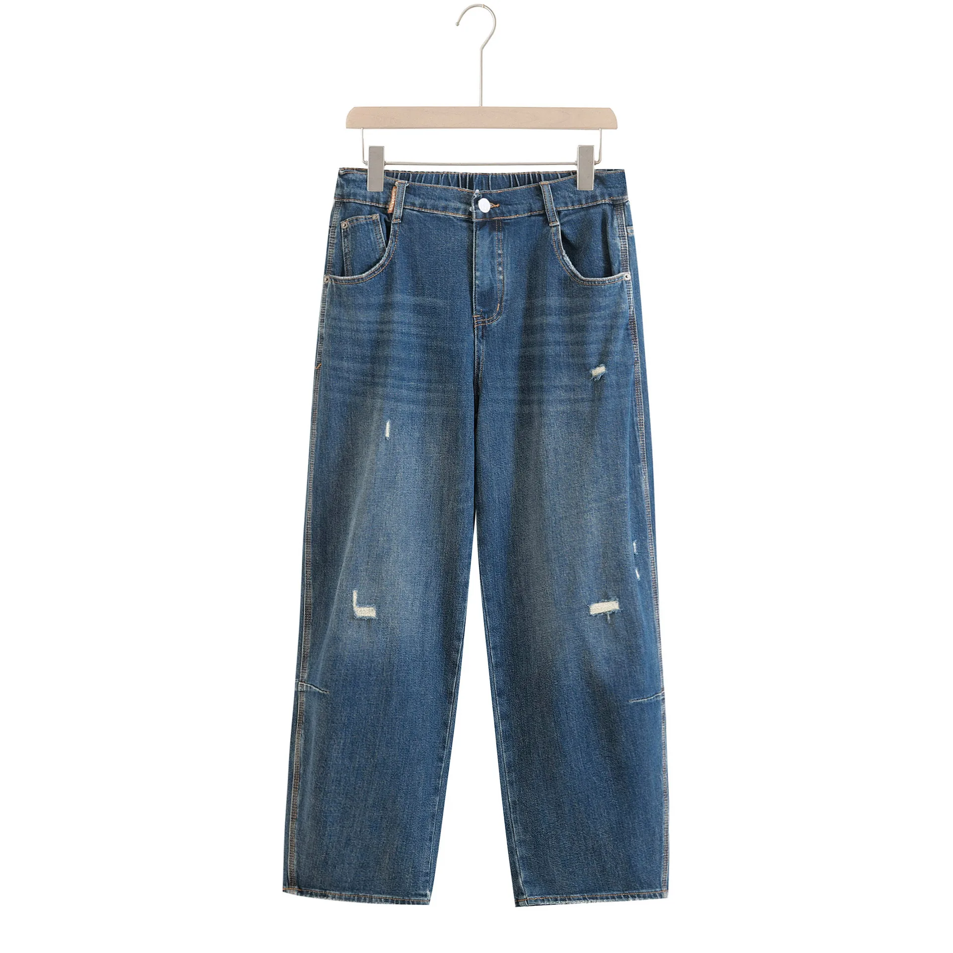 Celana Jeans Wanita Ukuran Besar Model Kaki Lebar Musim Gugur Terbaru, Denim Robek Premium, Bahan Denim Stretch, Panjang, Kasual