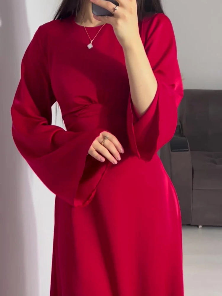 

New in Summer Dress Women Fashion Solid Color Satin Dress Women High Neck Long Sleeve High Waist Tie Up Elegant Slim Maxi Dress