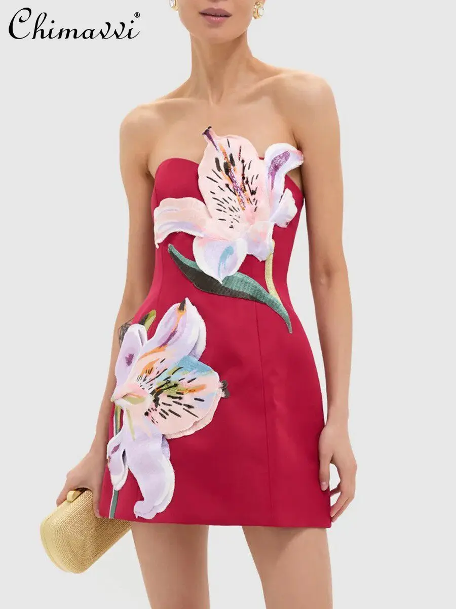 

French Heavy Industry Embroidery Summer Strapless Dress Elegant Temperament High Waist Sexy Bodycon Short Party Dress For Women