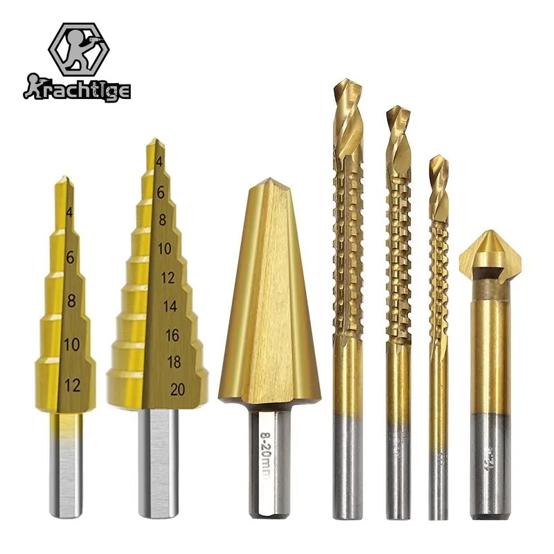 

7pcs High-speed Steel 4241 Ladder Drill Set Titanium Plated Umbrella Drill Round Handle Three Blade Chamferer Slotting Saw Drill