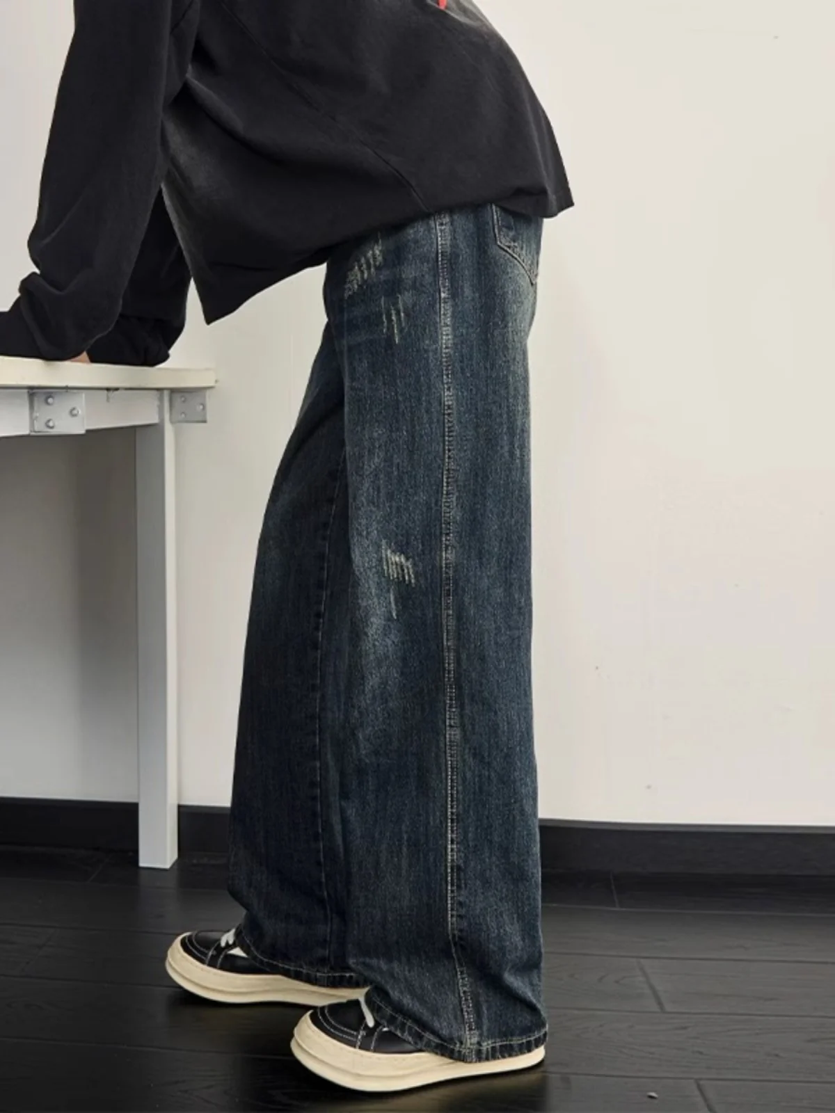 

Мужские джинсы в стиле ретро-американский стритстайл, весна-осень, новинка, с эффектом потертости, свободные, прямые, широкие штанины