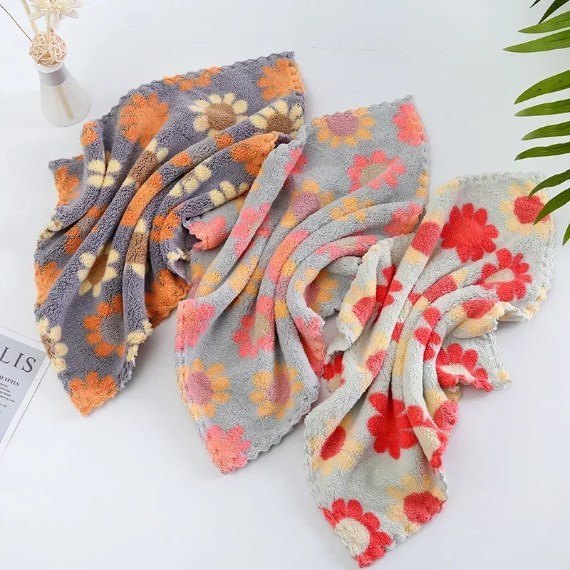 5Pcs 30X30CM Kitchen Cleaning Cloths Soft Absorbent Dishcloth Coral Fleece Sunflower Wiping Towel Rags Household Cleaning Cloth