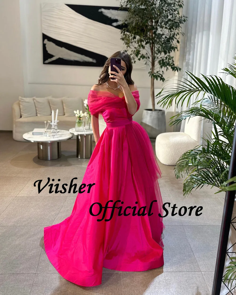 Viisher Hot Pink Off spalla abiti da sera Tulle raso lungo Dubai arabo Prom Party Dress lunghezza del pavimento abiti da sera formali