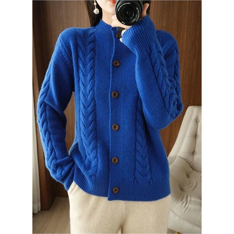 秋冬ハーフハイカラーツイストニットカーディガン高級カジュアルルーズ万能長袖ベースセーター女性用