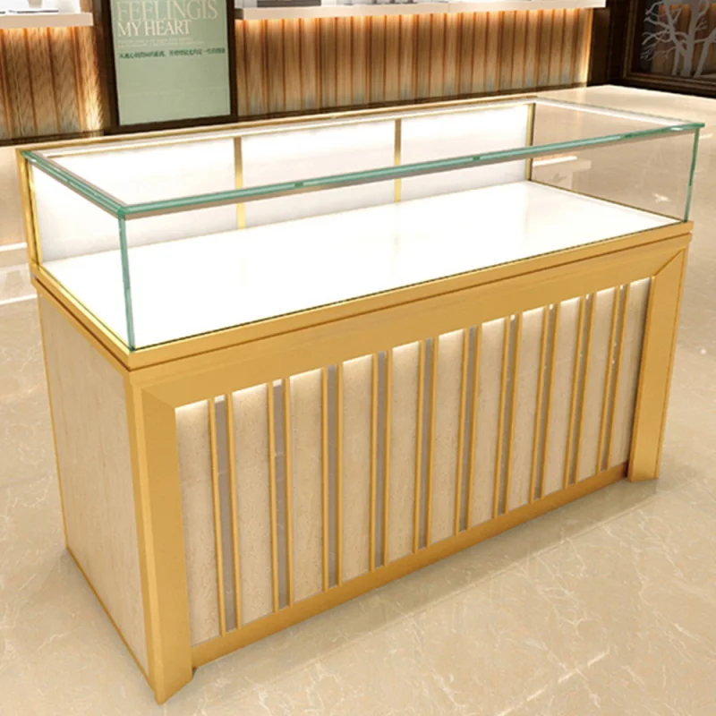 Custom, SUNDO Factory custom logo marble gold metal led light jewellery showcase jewelry shop glass display cabinet