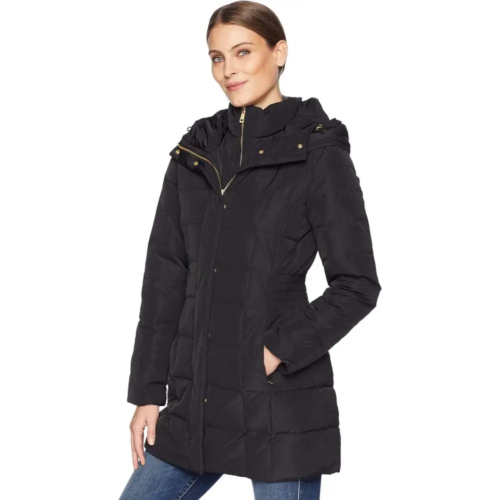 womens Taffeta Down Coat With Bib Front and Dramatic Hood
