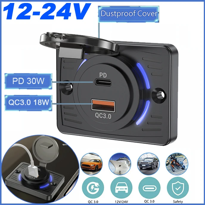 Dual USB Ports 12V/24V USB Outlet Wall Mount QC3.0+PD with Sliding Cap Fast Charging Power Adapter Waterproof for Boat RV Bus