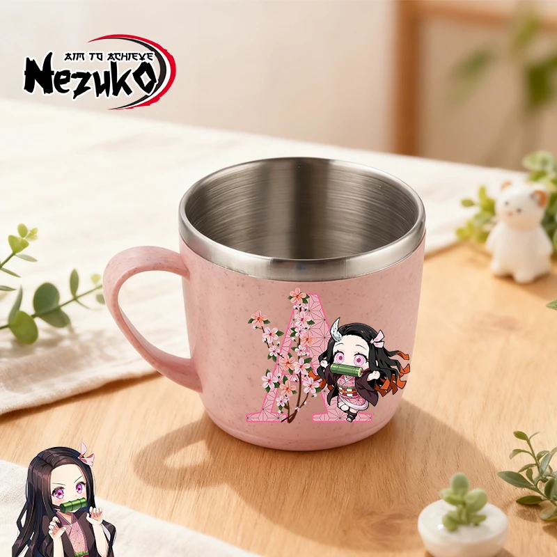 

Demon Slayer Stainless Steel Water Cup Men Women Nezuko Letter Printe Milk Coffee Double-layer Heat Protection Cups Water Bottle