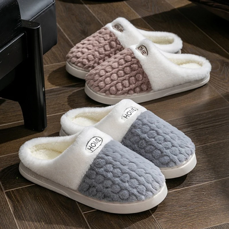 Pantoufles d'hiver en coton pour hommes et femmes, chaussures de sol confortables, antidérapantes, semelle épaisse, diapositives chaudes pour la maison, pantoufles en fourrure pour Couples et femmes
