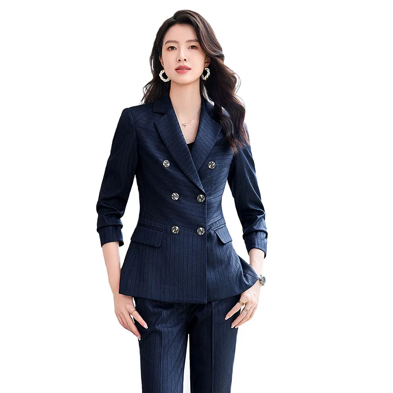 High Quality Women Navy Blue Green Pant Suit Female Button Decoration Blazer and Trouser 2 Piece Set For Office Ladies Work Wear