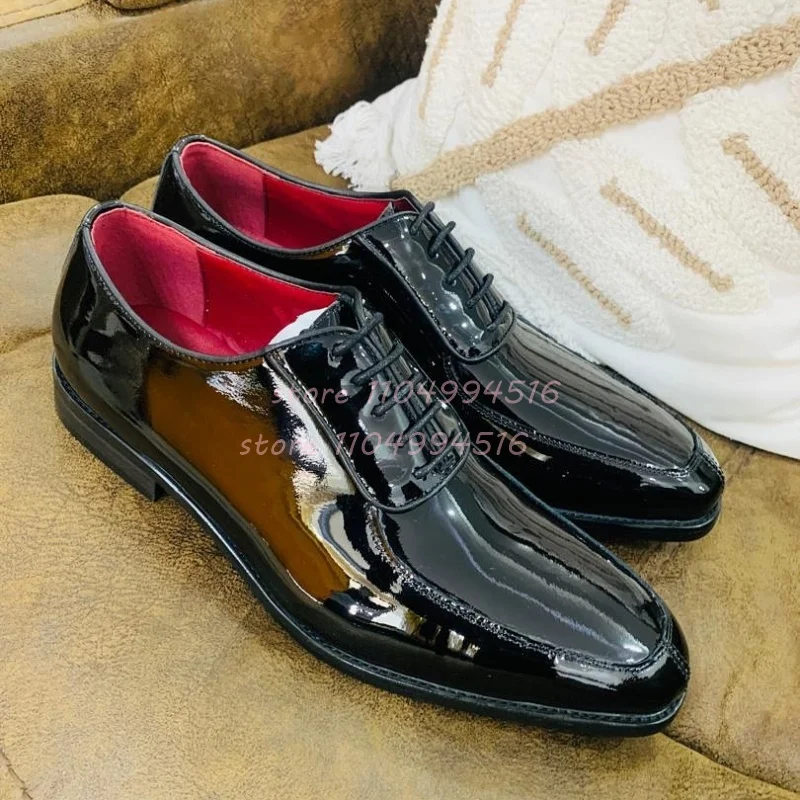 

Black Square Toe Patent Leather Lace Up Flats Men Luxury Shiny Shallow Loafers Elegant Party Wedding Solid Oxfords Shoes New