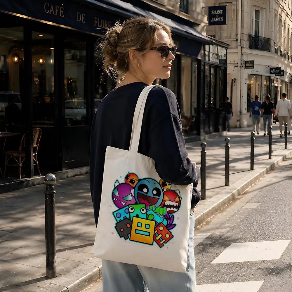 Game Rhythm Classic G-Geometry Dash Storage Bags Reusable Canvas Tote Suitable for School Class Commuting Shopping as Gifts