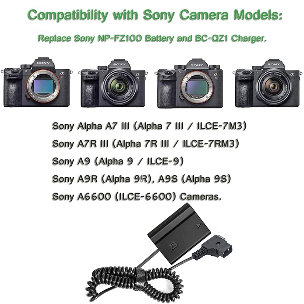 NP-FZ100 Dummy Battery to D-Tap Connector Cable for Sony A6600 A7III A7RIII A7SIII A7RM4 A9 ILCE-9 II Digital Camera