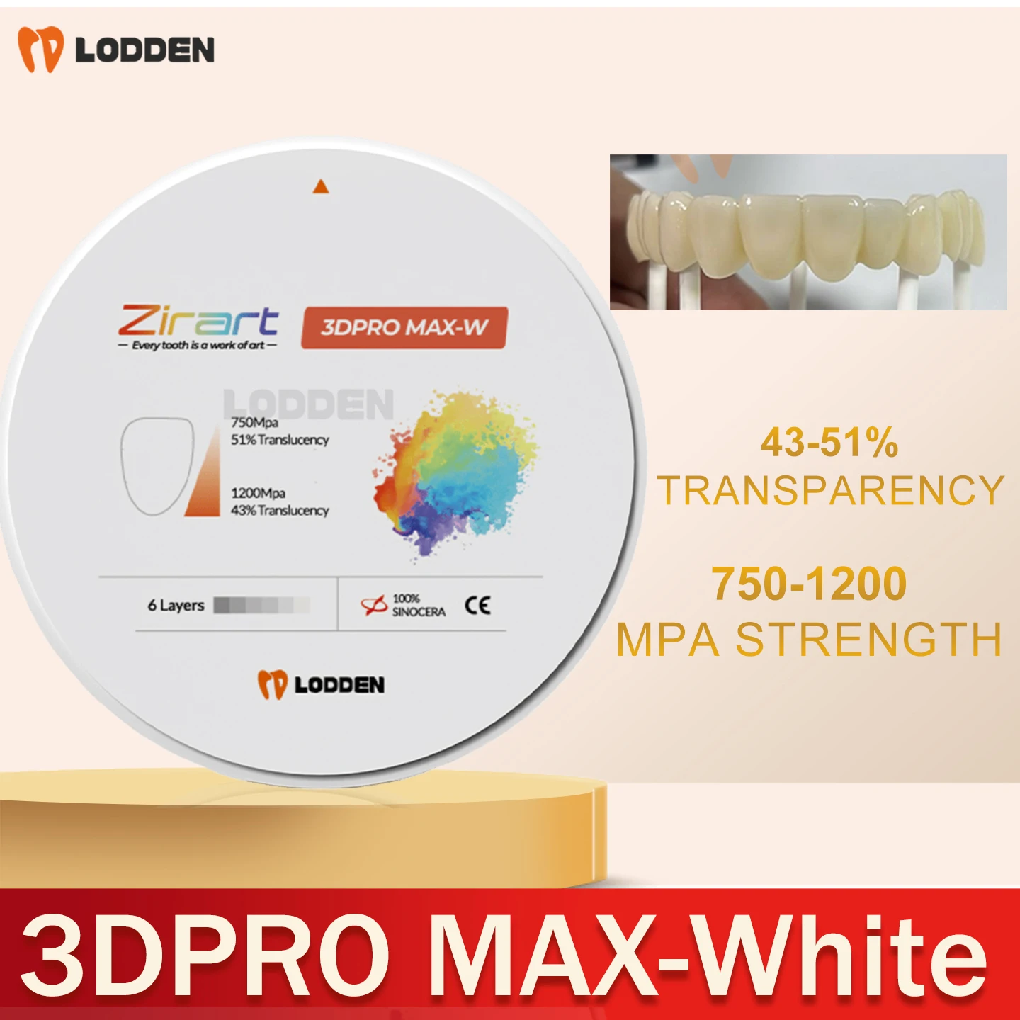

3DPRO MAX White Multilayer Zirconia Block 98mm Open System 100% Sinocera Restoration Material CAD CAM Dental Lab Zirconium Block